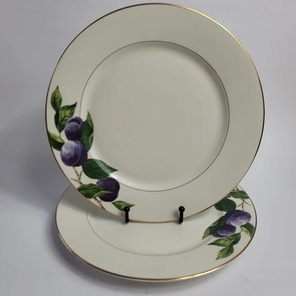 TWO Mikasa Plum L3132 Court Dinner Plates White with Purple Plums Green Leaves
